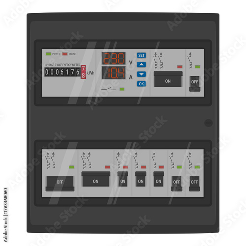 Home electrical panel with energy meter and circuit breakers. Vector fusebox on transparent background