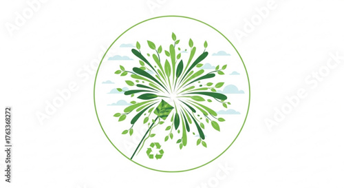 A green dandelion seed head with leaves and recycle symbol, representing nature and sustainability