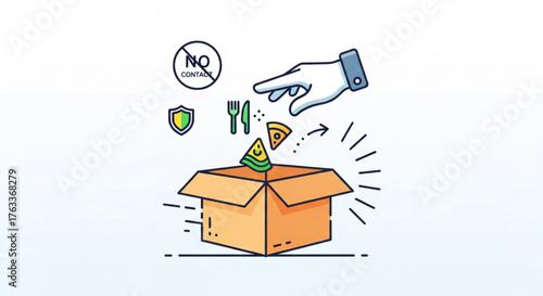Illustration of food donation concept with hand and box, promoting charity and helping those in need