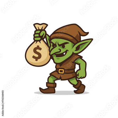 Goblin with bag of money icon logo flat vector design