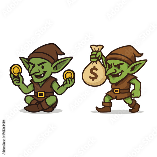 Goblin with bag of money icon logo flat vector design