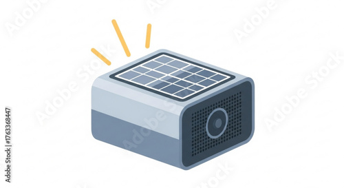 Isometric illustration of a portable solar powered speaker, showcasing sustainable technology and ecofriendly design