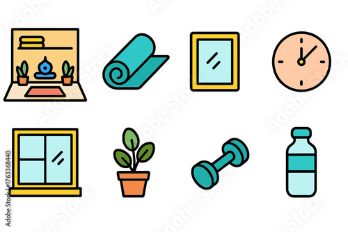 Yoga and fitness flat icon set. Home workout, wellness, and exercise icons collection