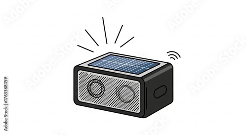 Illustration of a solar powered bluetooth speaker, highlighting renewable energy and wireless audio technology