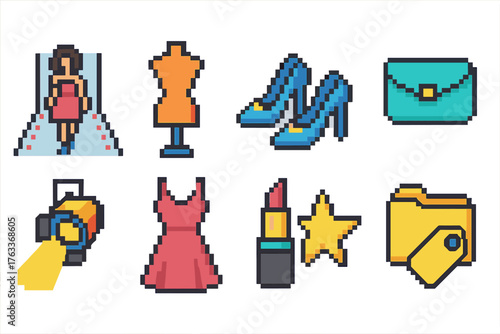 Fashion and beauty icon set. 8-Bit style, pixel art icons for fashion blogs, websites