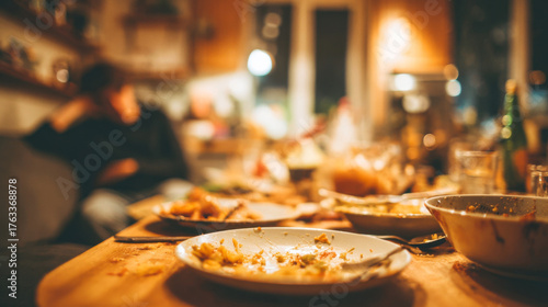 Messy dinner table after a gathering with friends and family in a cozy kitchen setting