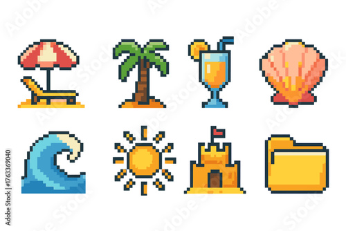 Beach and summer pixel icon set. Vacation, seaside, holiday icons collection