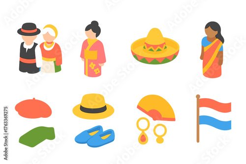 National costumes flat icon set. Diverse clothing and cultural accessories collection