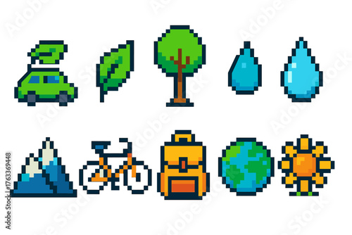 Nature and adventure pixel icon set. Outdoor, travel outdoor icons collection.