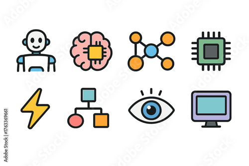 Technology and ai flat icon set. Robotics, neural network, chip, and innovation icons