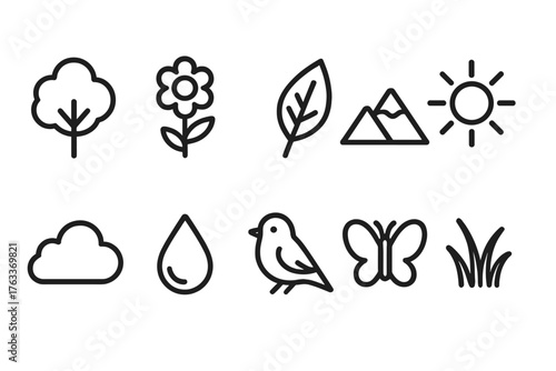 Nature, outdoor line icon set. Simple line art nature symbols and elements collection