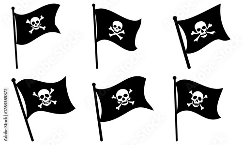 Pirate flags waving, skull and crossbones symbol for adventure, rebellion, and defiant spirit, originally vector graphics for versatile design uses