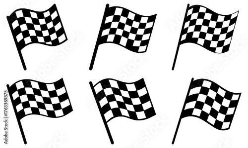 Dynamic collection of checkered flags waving, ideal for racing events, victory celebrations, and competitive spirit visuals, originally a vector graphic