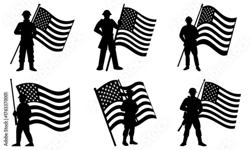 Patriotic soldiers honor American values with waving flags, ideal for Veterans Day, Memorial Day, or Fourth of July projects, celebrating freedom and sacrifice