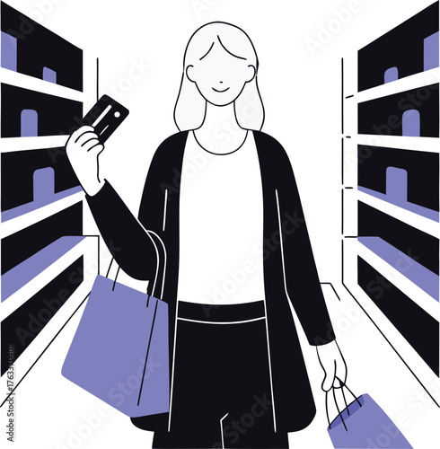 Woman holding credit card and shopping bags in a store aisle with shelves full of products visible