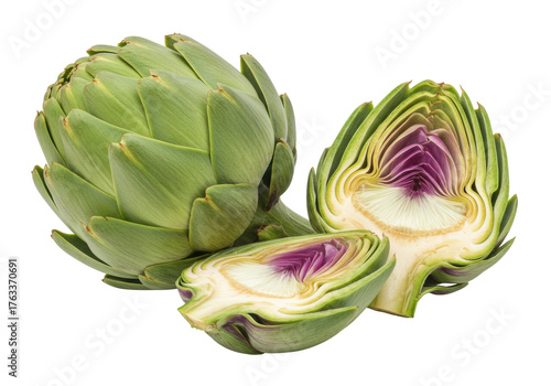 Foto Isolated Artichokes, Whole and Cut in Half, Delicious Vegetables, Healthy Cookin