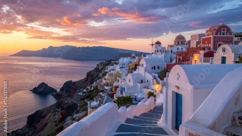 Fototapeta Naklejka Na Ścianę i Meble -  Santorini greece village at sunset with colorful sky