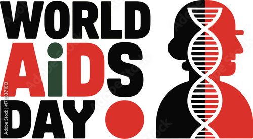 World AIDS Day awareness illustration with DNA strand, profiles, and bold typography