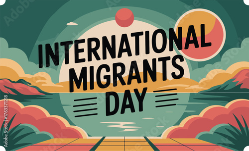 International Migrants Day illustration featuring a scenic landscape with ocean and stylized clouds