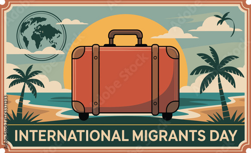 International Migrants Day vintage-style illustration with suitcase on a tropical beach at sunset