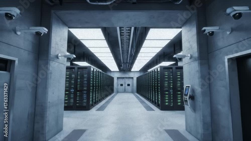 Camera Moves Through Long Data Center With Server Racks and Security