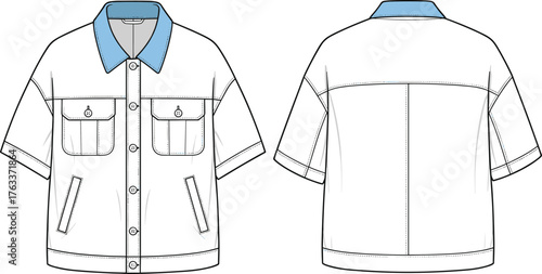 Short sleeve denim jacket technical flat, vector fashion illustration, casual outerwear front and back view, stylish apparel design, garment template sketch