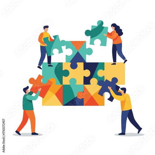 Four people assembling large colorful puzzle pieces on a white background with teamwork and collaboration mood.