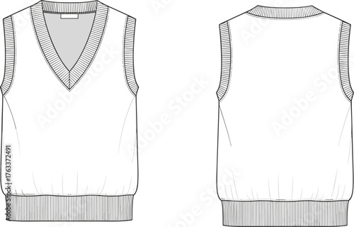 Sleeveless knitted V-neck sweater vest front and back view, fashion flat sketch, vector CAD drawing, unisex apparel design illustration