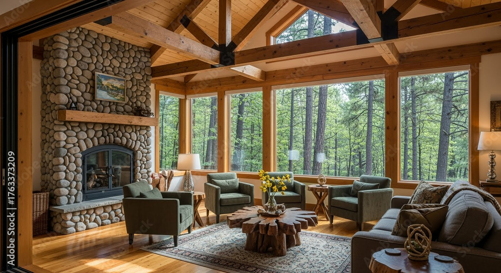 Fototapeta premium Elegant Rustic Living Room with Stone Fireplace, Vaulted Wood Ceiling, and Expansive Windows Overlooking a Lush Forest
