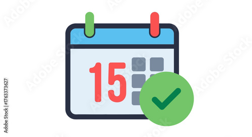 Calendar icon with date 15 and green checkmark symbol.