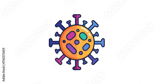 Cartoon depiction of a virus with colorful internal structures and spikes.