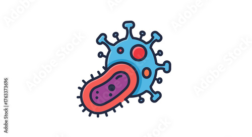 Cartoon illustration of a blue virus and a red bacterium.