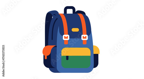 Colorful Backpack Illustration with Orange Straps and Pockets.