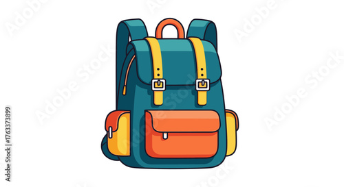Colorful Cartoon Backpack with Pockets and Straps Illustration.
