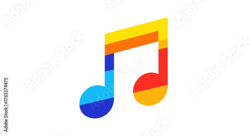 Colorful striped musical note icon on a white background.