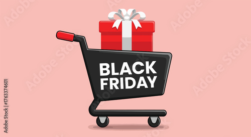 Black Friday Shopping Cart with Red Gift Box and White Ribbon.
