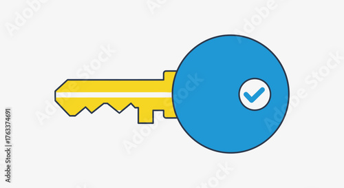 Golden key with blue handle and checkmark symbol for security and access.