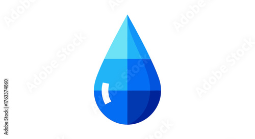 Isolated Blue Water Drop with Light Reflection on White Background.