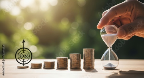 Time is money concept growing stack of coins with hourglass and compass outdoors