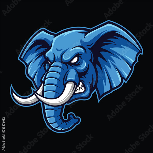 Fierce Blue Elephant Head with Tusks and Angry Expression.