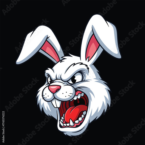 Fierce White Rabbit Head with Open Mouth and Sharp Teeth.