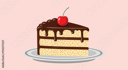 Slice of Delicious Chocolate Drizzled Cake with Cherry Topping.