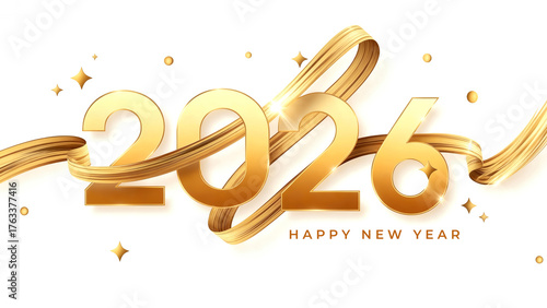 Elegant Happy New Year 2026 Greeting with Golden Ribbon and Stars on a White Background