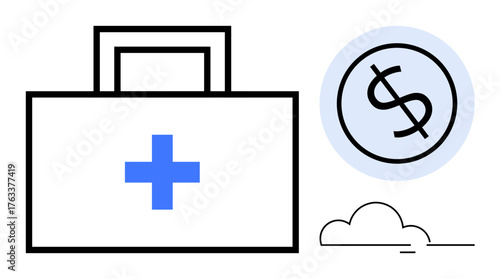 Medical case with blue cross and coin featuring dollar sign represent healthcare costs and budgeting. Ideal for insurance, healthcare, finance, medical aid, cost analysis, savings, and planning