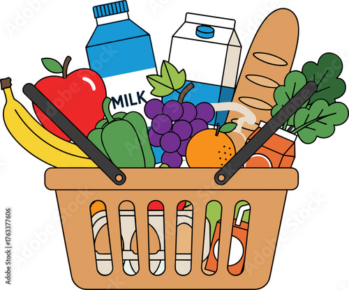 Full Shopping Basket with Groceries, Produce, and Food Items