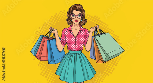 Retro Woman with Shopping Bags Pop Art Style.