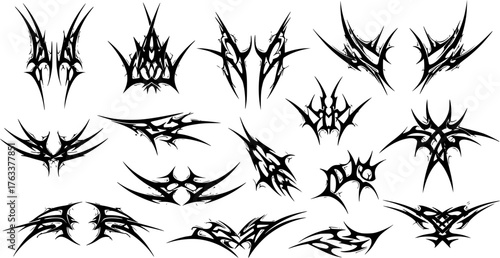 Neo tribal tattoo style shapes. Cyber sigilism spikes and sparks for streetwear print designs, spiky y2k aesthetic vector set