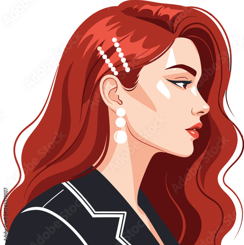 Elegant woman with vibrant red hair wearing stylish pearl earrings and hair clips