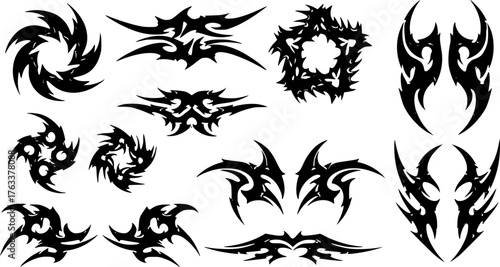 Neo tribal tattoo style shapes. Cyber sigilism spikes and sparks for streetwear print designs, spiky y2k aesthetic vector set