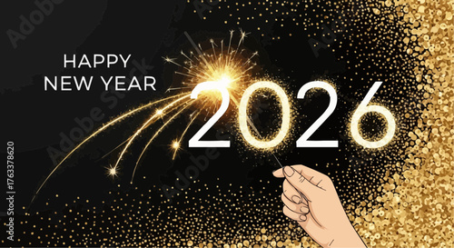 Happy New Year 2026 Celebration Vector Illustration with Sparkler, Glitter, and Golden Party Design,2026, NewYear, celebration, vector, modern, design, sparkler, glitter, golden, party, festive, 
